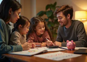 Семья планирует семейный бюджет и обсуждает финансовые привычки дома