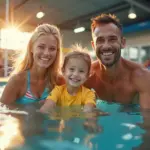Семья занимается спортом и отдыхает вместе в спортивном центре, символизируя экономию и планирование семейного бюджета