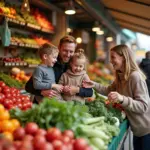 Семья покупает свежие овощи и фрукты на местном рынке, экономя на продуктах
