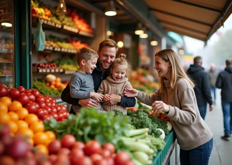 Семья покупает свежие овощи и фрукты на местном рынке, экономя на продуктах