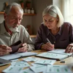 Российская семья за кухонным столом обсуждает семейный бюджет: чековые листы, смартфон с банковским приложением, копилка и распечатки расходов