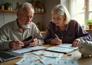 Российская семья за кухонным столом обсуждает семейный бюджет: чековые листы, смартфон с банковским приложением, копилка и распечатки расходов