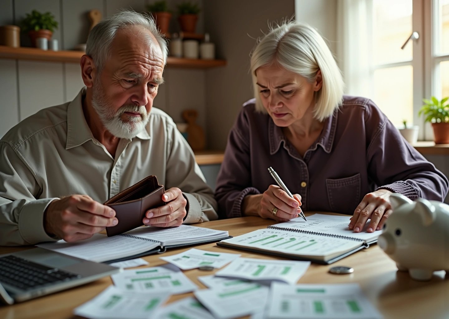 Российская семья за кухонным столом обсуждает семейный бюджет: чековые листы, смартфон с банковским приложением, копилка и распечатки расходов