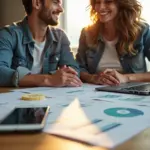 Пара планирует семейный бюджет за столом с ноутбуком, копилкой и пометками целей