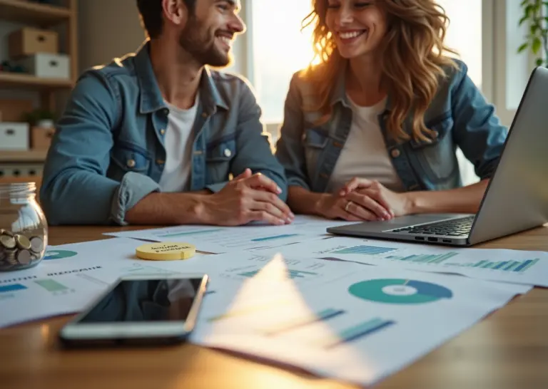 Пара планирует семейный бюджет за столом с ноутбуком, копилкой и пометками целей