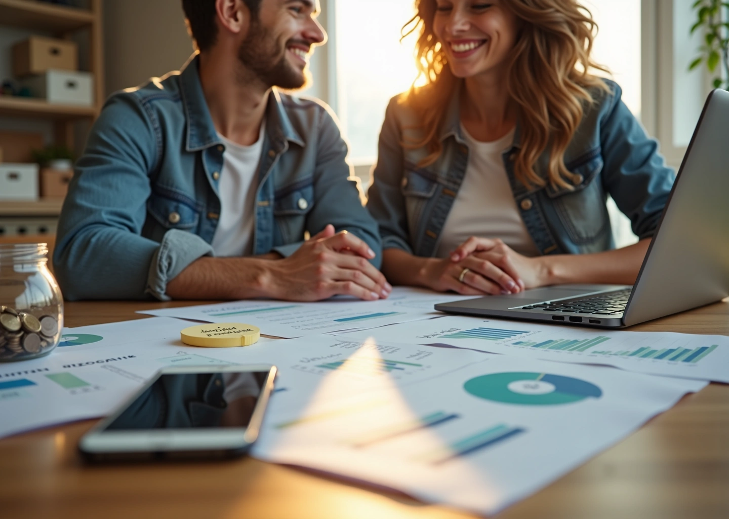 Пара планирует семейный бюджет за столом с ноутбуком, копилкой и пометками целей