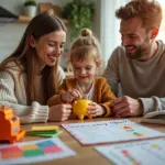 Родители с ребёнком за столом учат копить деньги с копилками, конвертами и игровой кассой