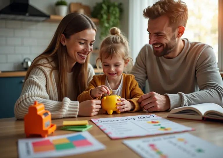 Родители с ребёнком за столом учат копить деньги с копилками, конвертами и игровой кассой