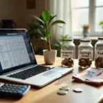 Семья за столом с ноутбуком, калькулятором и банками для сбережений на фоне купюр в рублях — обсуждение семейного бюджета и финансовой подушки