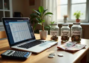 Семья за столом с ноутбуком, калькулятором и банками для сбережений на фоне купюр в рублях — обсуждение семейного бюджета и финансовой подушки