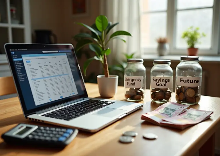 Семья за столом с ноутбуком, калькулятором и банками для сбережений на фоне купюр в рублях — обсуждение семейного бюджета и финансовой подушки