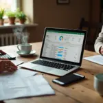 Семья за столом ведёт бюджет в Google Таблицах: ноутбук с графиками и таблицами, чеки, калькулятор и смартфон рядом