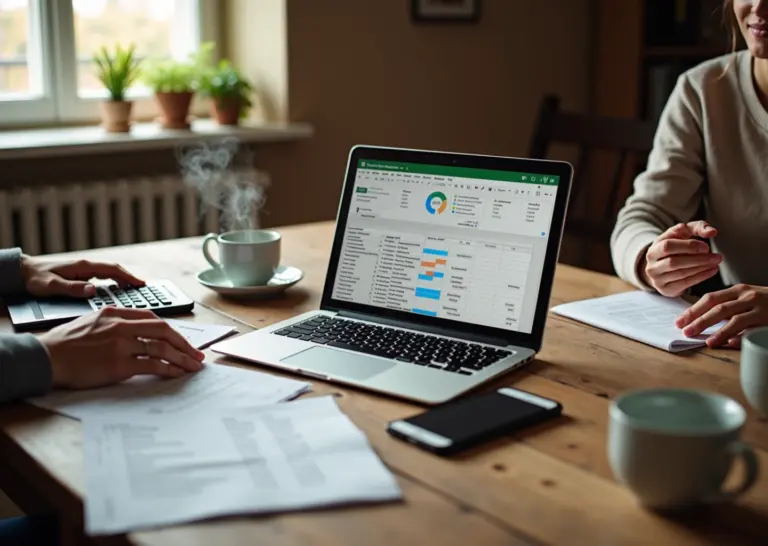 Семья за столом ведёт бюджет в Google Таблицах: ноутбук с графиками и таблицами, чеки, калькулятор и смартфон рядом