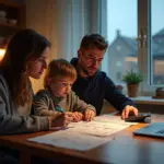 Семья у кухонного стола изучает банковские выписки и платёжные документы, ноутбук и калькулятор рядом
