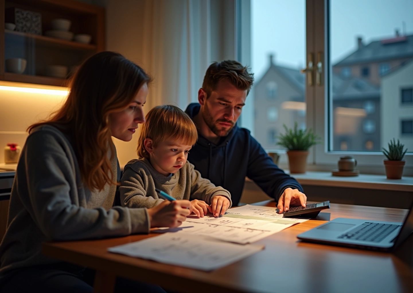 Семья у кухонного стола изучает банковские выписки и платёжные документы, ноутбук и калькулятор рядом