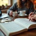 Семья за столом планирует бюджет и считает накопления для подушки безопасности, заметна пометка 6 месяцев