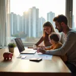 Семья планирует бюджет и инвестиции в городской квартире, документы, ноутбук и копилка на столе, вид на город