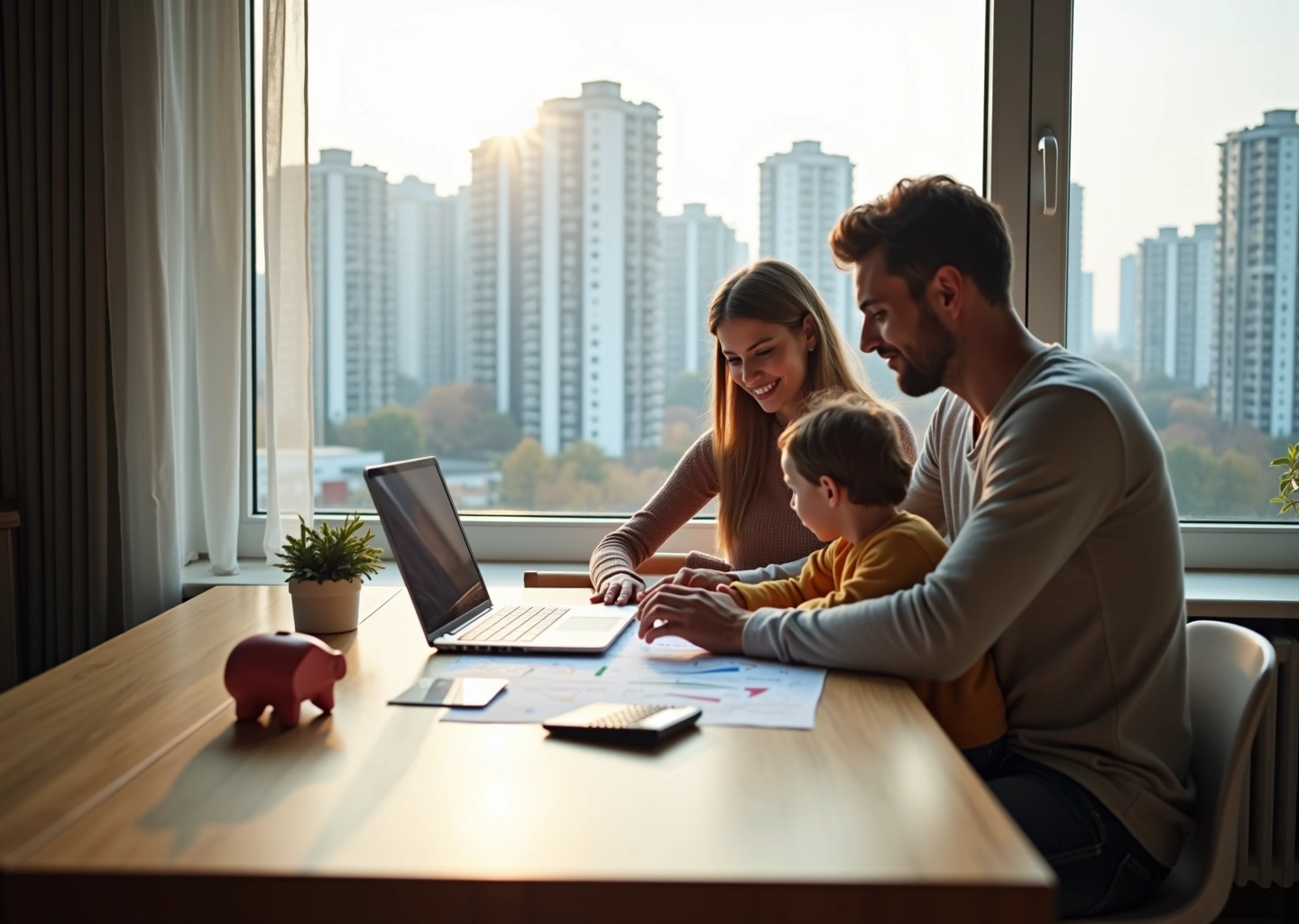 Семья планирует бюджет и инвестиции в городской квартире, документы, ноутбук и копилка на столе, вид на город