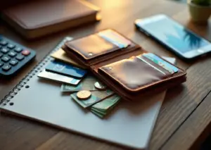 Семейные финансы на столе: деньги, блокнот бюджета и смартфон с мобильным банком