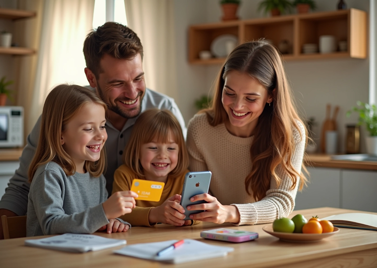 Семья с ребенком использует банковскую карту и приложение для контроля бюджета дома