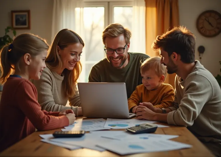 Счастливая русская семья за столом обсуждает бюджет с ноутбуком, бумагами и калькулятором