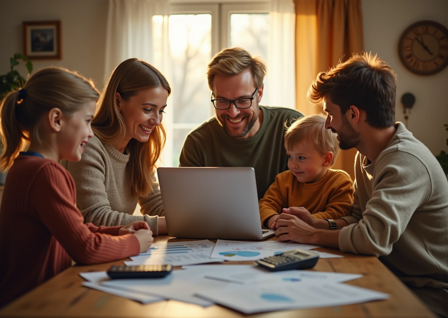 Счастливая русская семья за столом обсуждает бюджет с ноутбуком, бумагами и калькулятором