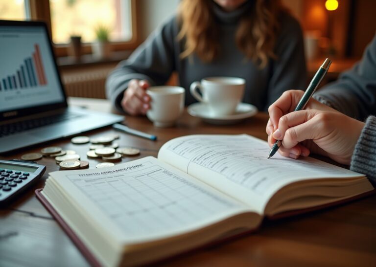 Семья за столом планирует бюджет и считает накопления для подушки безопасности, заметна пометка 6 месяцев