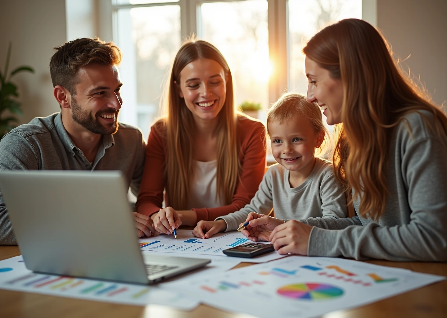 Семейная пара с детьми планирует семейный бюджет с использованием ноутбука и документов