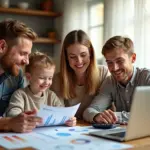 Русская семья за столом, составляющая финансовый план на год с использованием ноутбука и документов