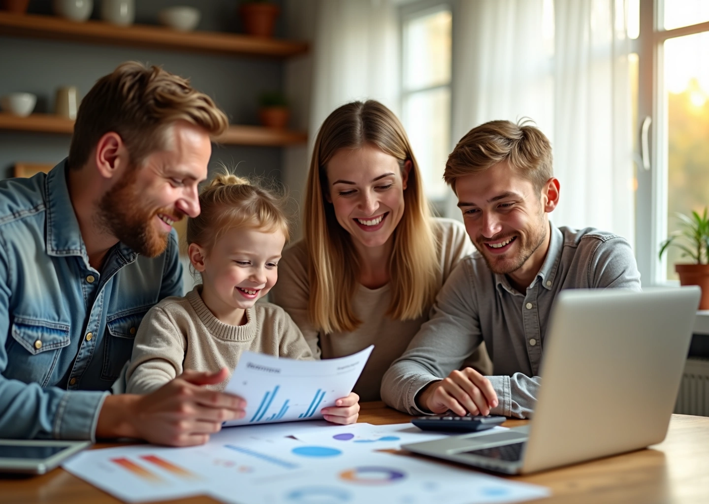 Русская семья за столом, составляющая финансовый план на год с использованием ноутбука и документов